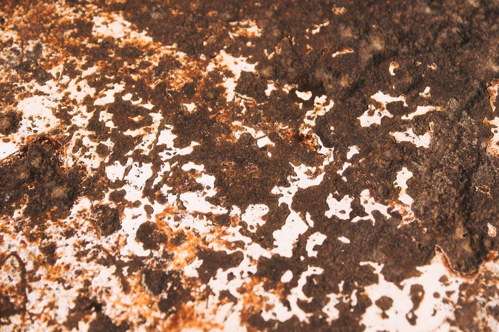 Superficie metálica oxidada con la pintura blanca saltada, vista de cerca