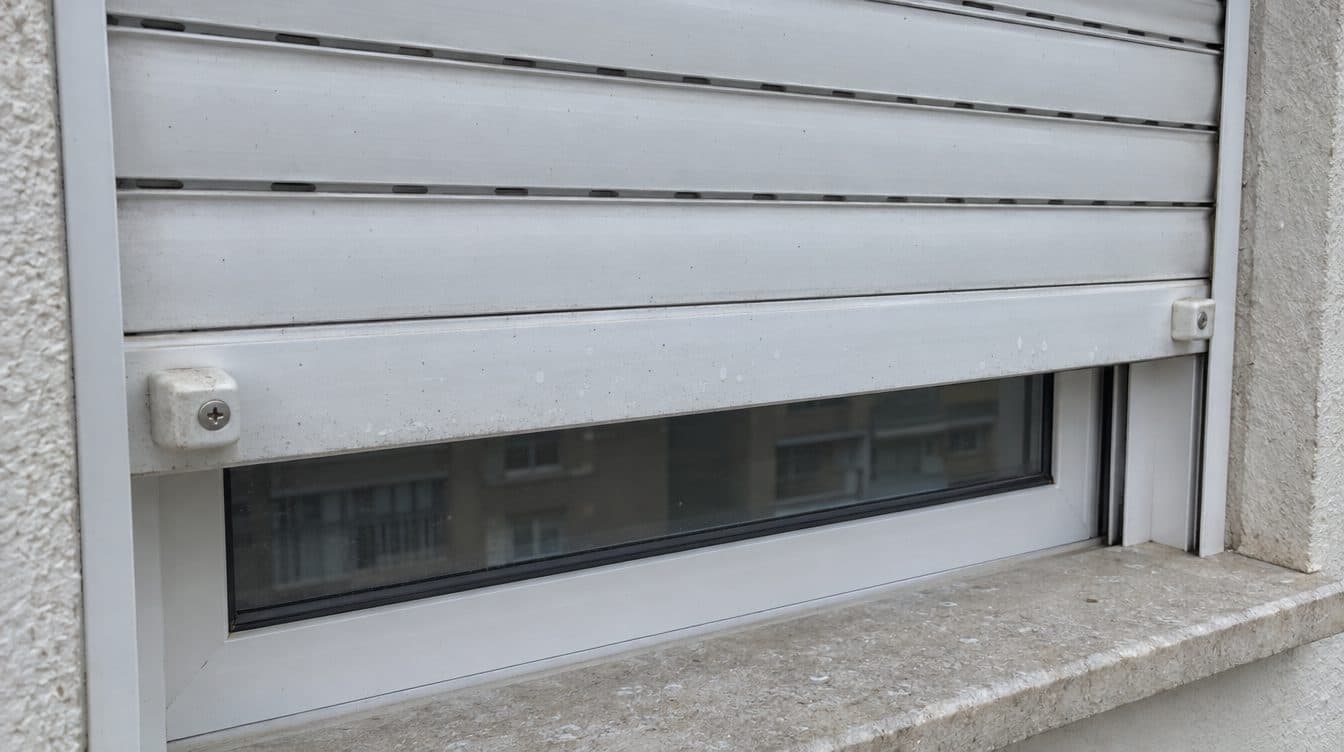 Lama final de una persiana de aluminio blanca con un tope de plástico atornillado cerca de cada extremo